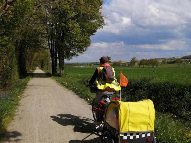 Cycliste tractant une carriole sur la voie verte près d'un champ.