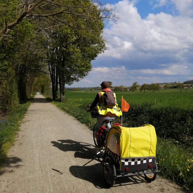 Cycliste tractant une carriole sur la voie verte près d'un champ.