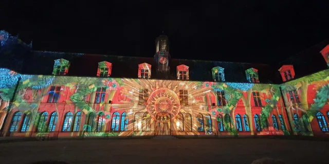 Projection sur la façade du château neuf de Laval. On y voit des motifs floraux très colorés et au centre ce qui semble être un grand soleil