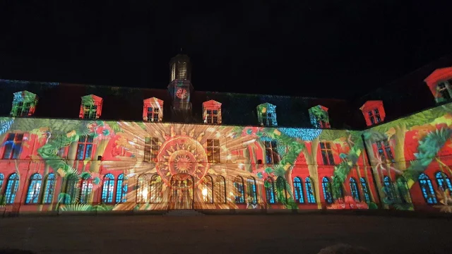 Projection sur la façade du château neuf de Laval. On y voit des motifs floraux très colorés et au centre ce qui semble être un grand soleil