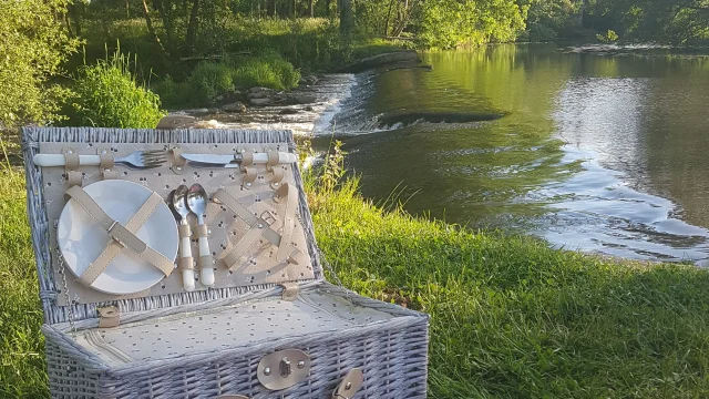 Une nappe vichy et un panier pique nique sont installés au bord de la rivière