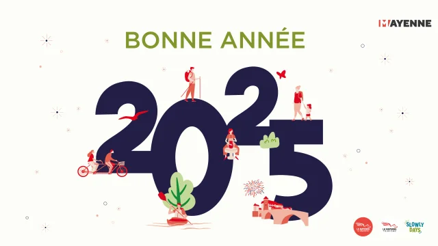 Carte de vœux 2025 de mayenne tourisme. En haut en vert est écrit 