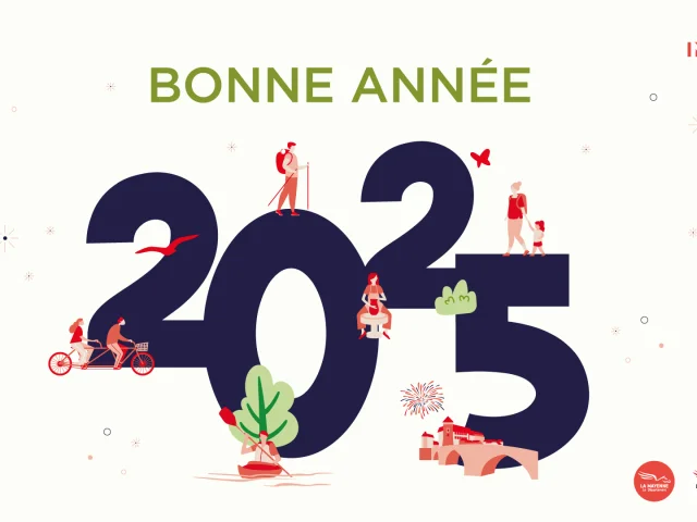 Carte de vœux 2025 de mayenne tourisme. En haut en vert est écrit 